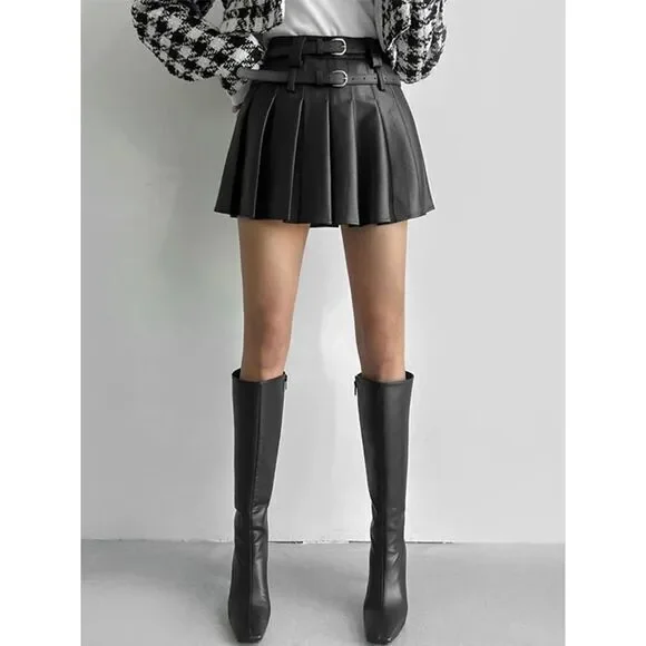 Commense Pleated Mini Skirt with Double Buckle Belt Preppy School Girl Style M - Picture 5 of 6
